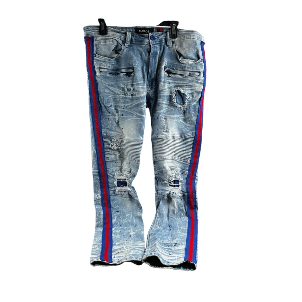 Makobi Jeans Mens 36x32 Blue Denim Destine Biker Moto Red Striped Distressed